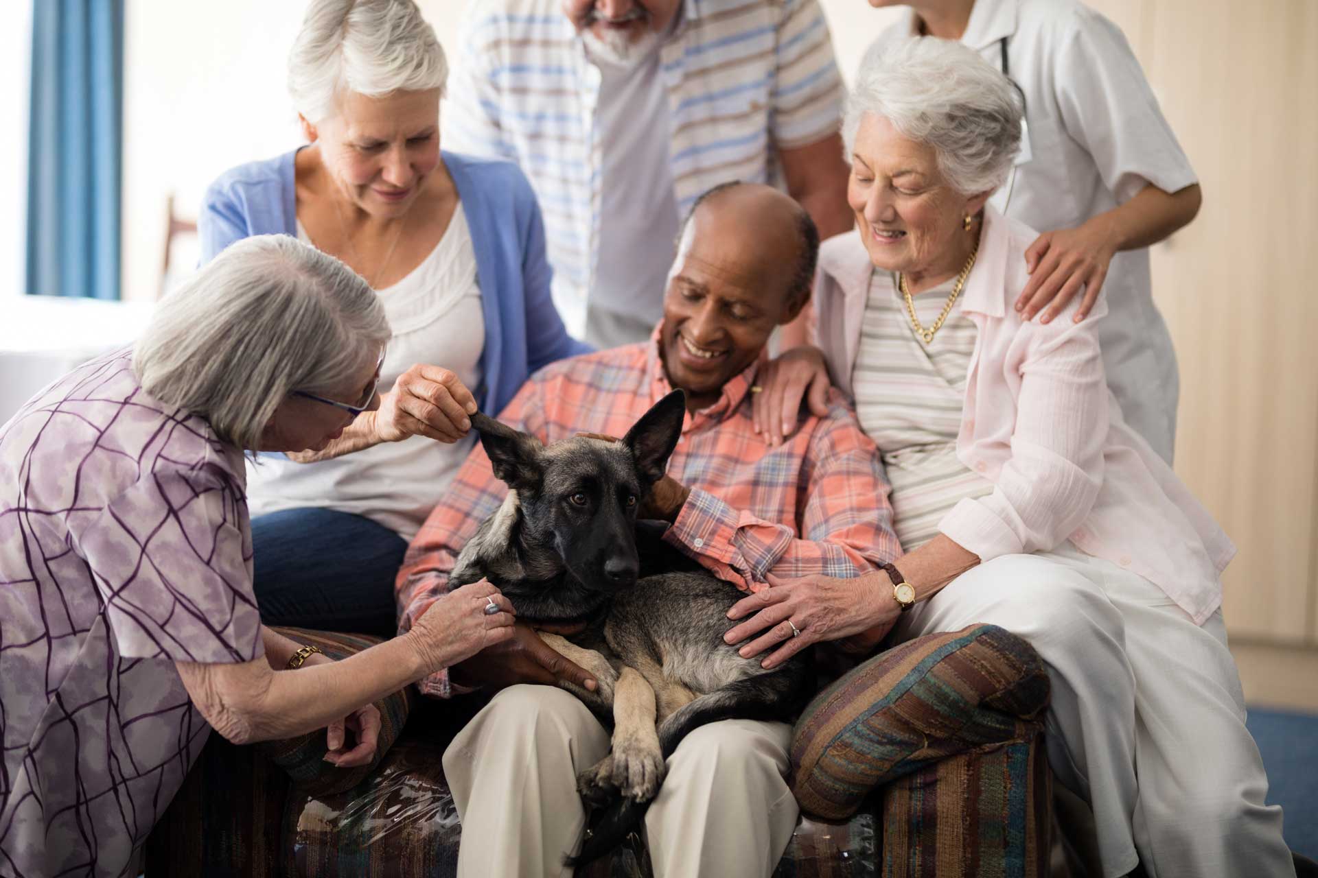 residents fawning over a dog in the lap of another resident